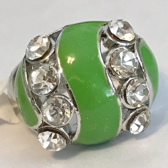 Vintage Green Enamel Cocktail Ring Silver Plated Crystal Rhinestone Size 8 Boho - Picture 4 of 10